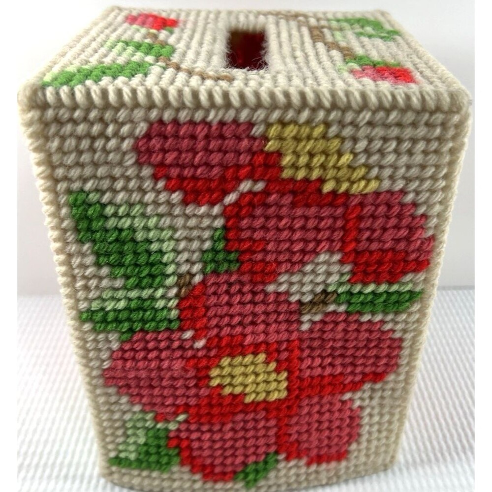 Vintage Needlepoint Tissue Cover Box Floral Plastic Canvas Finished Decor Granny